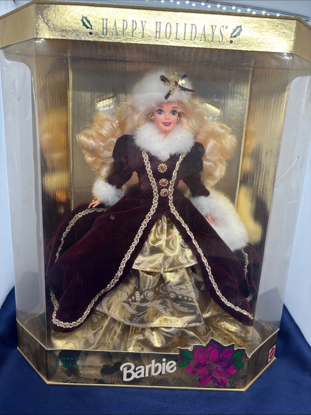 1996 Barbie Burgundy Velvet & Gold Holiday Dress Doll